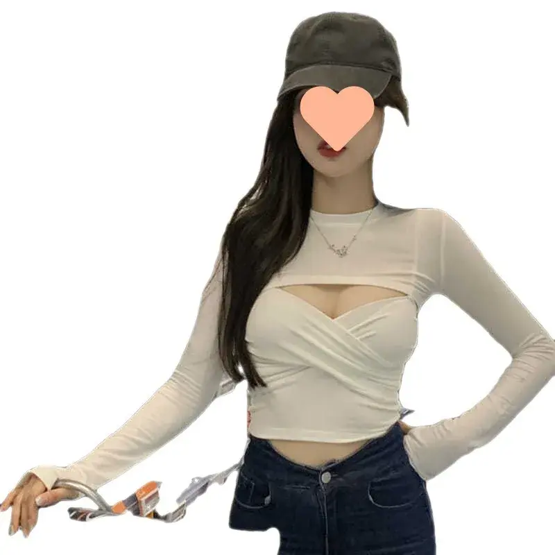 2-Piece Set Women's Sexy Pure Desire Aesthetic Tank Design Sensibility Small Heart Machine Spicy Girl Long Sleeve T-Shirt Base L