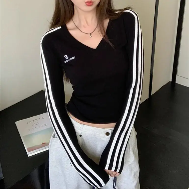 American Style Black Striped V-Neck Long Sleeve T-Shirt Women's New Fall Korean Style Slim Fit Inner Base Layer Top Tightening W