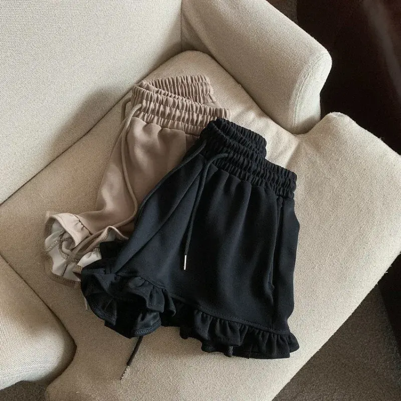 High Waist Drawstring Sports Shorts Women Summer Design Sense Wooden Edge Sound Casual Wide Leg Pants plus Size 240 Pounds