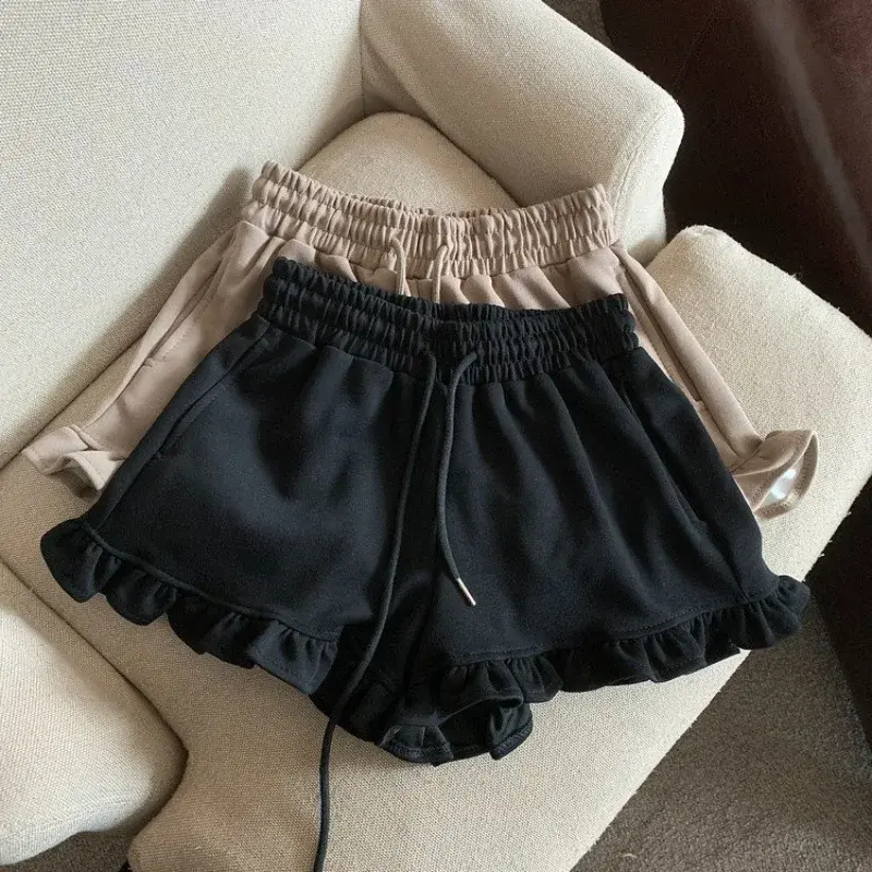High Waist Drawstring Sports Shorts Women Summer Design Sense Wooden Edge Sound Casual Wide Leg Pants plus Size 240 Pounds