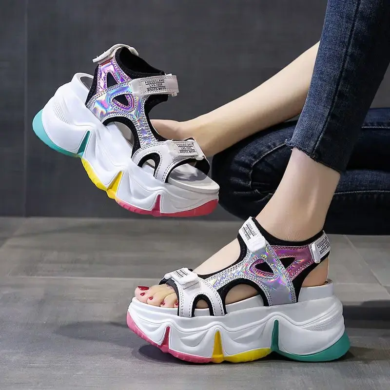 2024 Summer New Women's Sandals Trendy Versatile Platform Thick Base Net Red Sporty Sponge Cake Roma Sandals