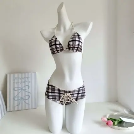 Low-Waist Plaid Bikini with Drawstring Strap Thermal Spring Swimsuit Women's Fashionable Vintage Lace Detailing By-Jane