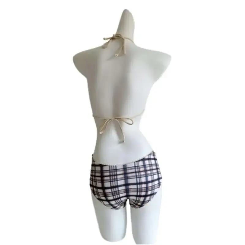 Low-Waist Plaid Bikini with Drawstring Strap Thermal Spring Swimsuit Women's Fashionable Vintage Lace Detailing By-Jane