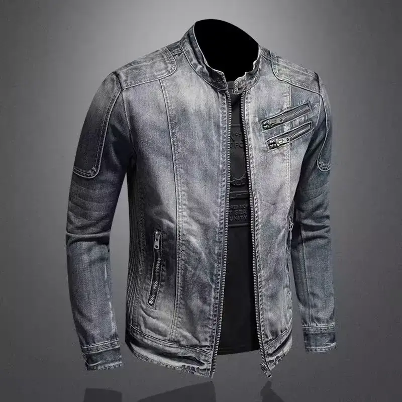 Trendy Stand Collar Zip-Uplapel Motorcycle Denim Jacket Unique Vintage Sports Top For Men Casual Trendy Brand Jacket