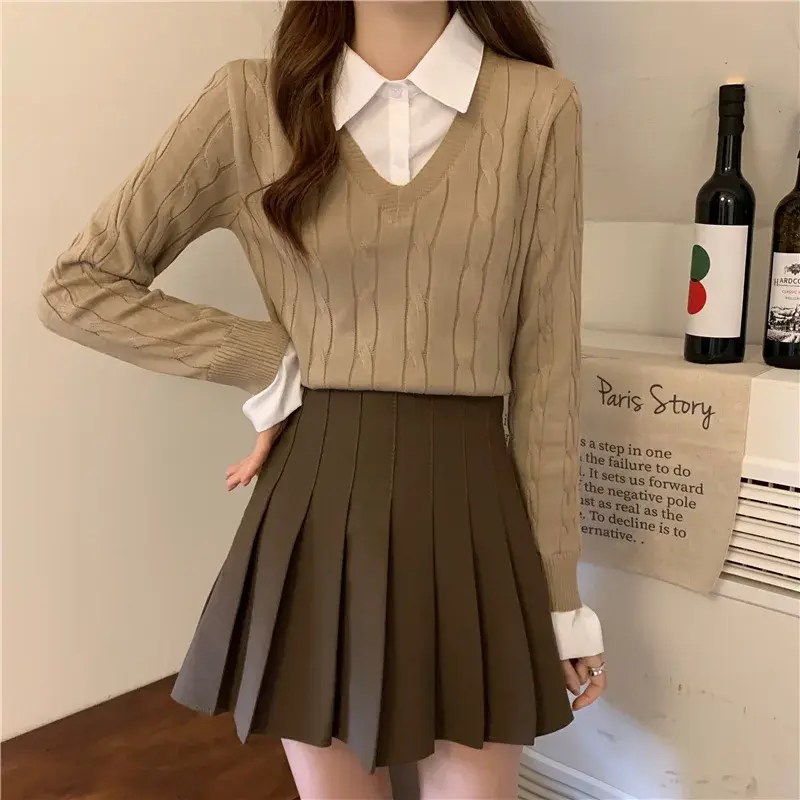 Preppy Style Two-Piece Illusionshirt Collar Sweater Women's Knitted Top Quality New Design Fashionable Streetwear From China