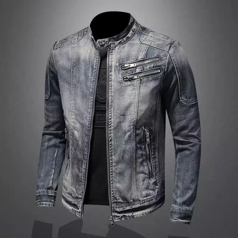 Trendy Stand Collar Zip-Uplapel Motorcycle Denim Jacket Unique Vintage Sports Top For Men Casual Trendy Brand Jacket