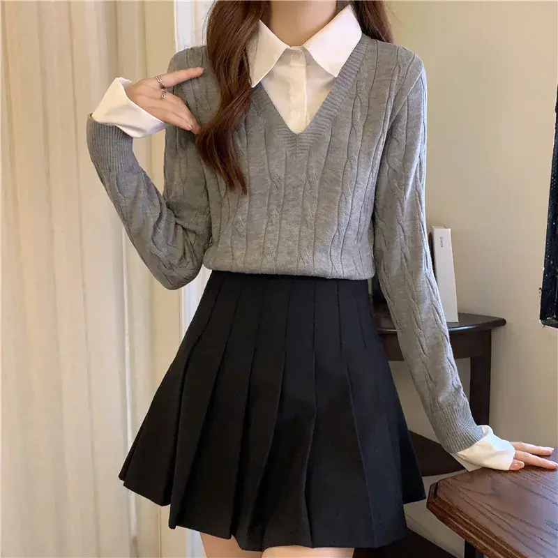 Preppy Style Two-Piece Illusionshirt Collar Sweater Women's Knitted Top Quality New Design Fashionable Streetwear From China