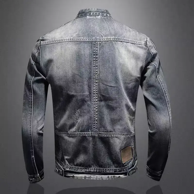 Trendy Stand Collar Zip-Uplapel Motorcycle Denim Jacket Unique Vintage Sports Top For Men Casual Trendy Brand Jacket