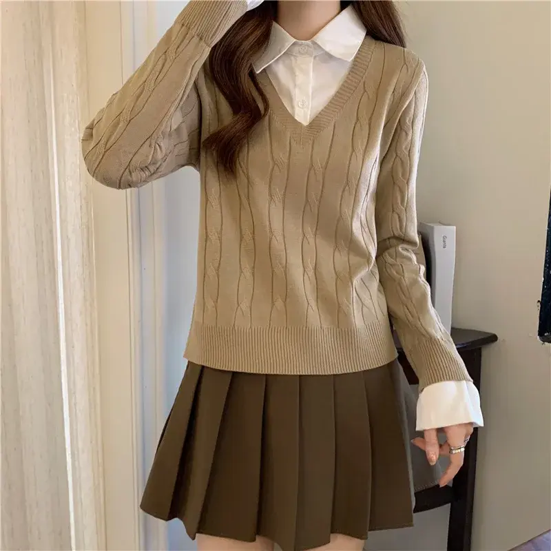 Preppy Style Two-Piece Illusionshirt Collar Sweater Women's Knitted Top Quality New Design Fashionable Streetwear From China