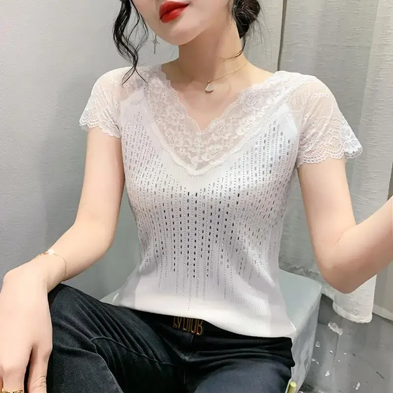 Fashionable Summer 2023 New Sexylace Hollow Out Diamond Slim Fit T-Shirt Women's Short Sleeve V-Neck Flower Patterned Top
