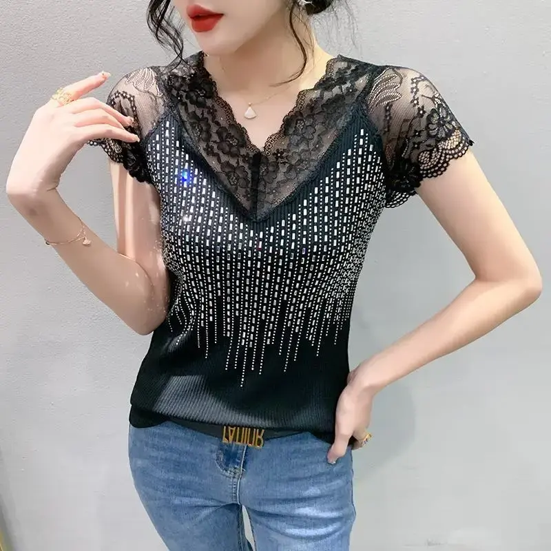 Fashionable Summer 2023 New Sexylace Hollow Out Diamond Slim Fit T-Shirt Women's Short Sleeve V-Neck Flower Patterned Top