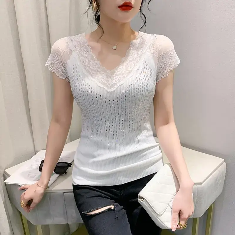 Fashionable Summer 2023 New Sexylace Hollow Out Diamond Slim Fit T-Shirt Women's Short Sleeve V-Neck Flower Patterned Top