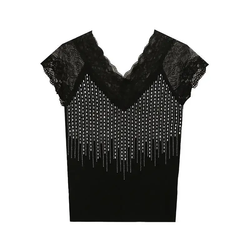 Fashionable Summer 2023 New Sexylace Hollow Out Diamond Slim Fit T-Shirt Women's Short Sleeve V-Neck Flower Patterned Top