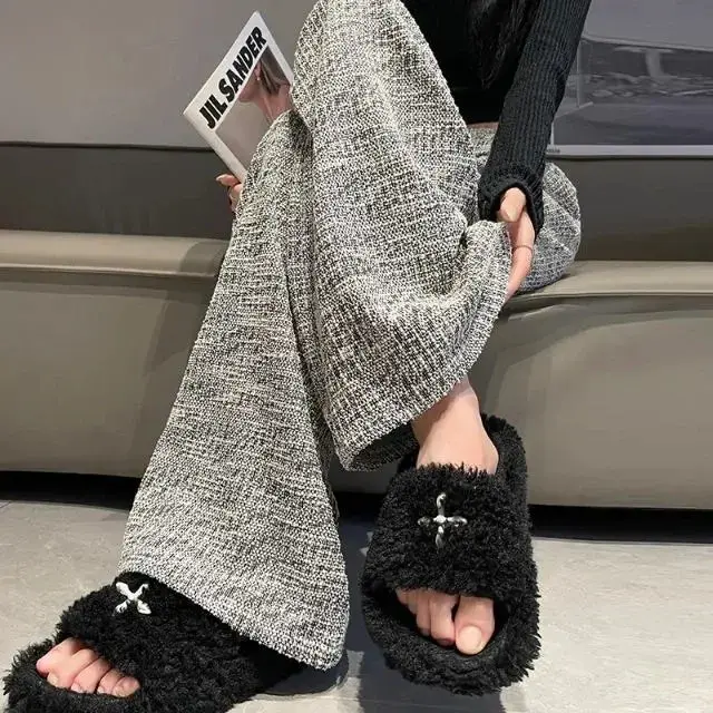 Tweed Style Women's Pants Bell Bottoms Spring Autumn New Design Slimming Loose Fit Casual Trousers Straight Leg Draped