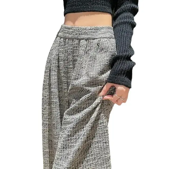 Tweed Style Women's Pants Bell Bottoms Spring Autumn New Design Slimming Loose Fit Casual Trousers Straight Leg Draped