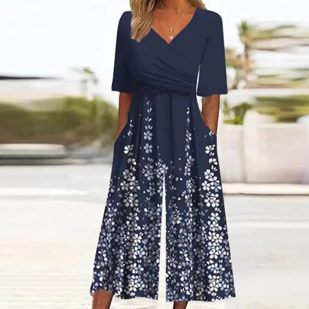 Elegant Commuter V-Neck Printed Long Pants Jumpsuit Straight Wide Leg Pants Chinese Style Women's Fashionable Cargo Trousers