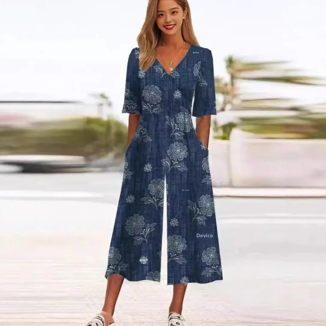 Elegant Commuter V-Neck Printed Long Pants Jumpsuit Straight Wide Leg Pants Chinese Style Women's Fashionable Cargo Trousers