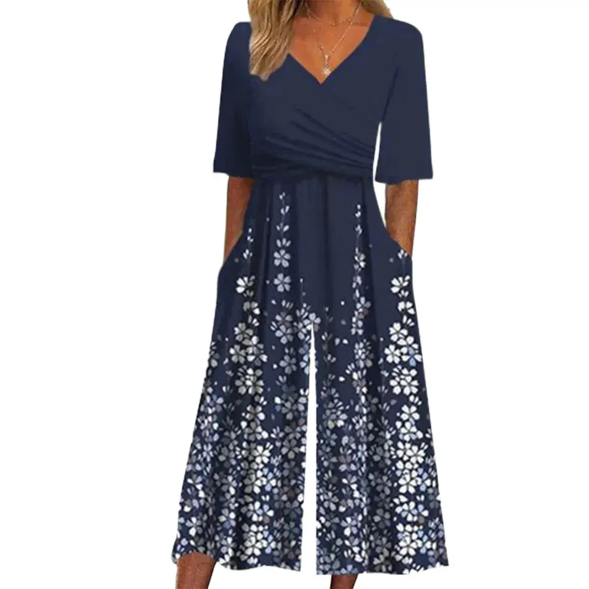 Elegant Commuter V-Neck Printed Long Pants Jumpsuit Straight Wide Leg Pants Chinese Style Women's Fashionable Cargo Trousers