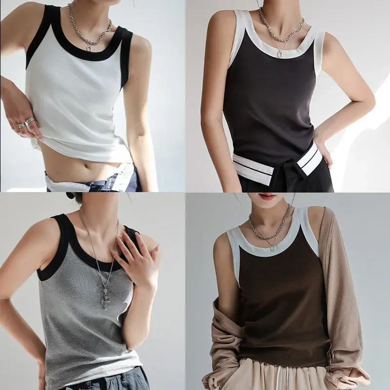 QknitScrew Thread Women's Summer Inner Color Blocking Tank Top Strapless Black Outer Wear Sleeveless Top For All Seasons