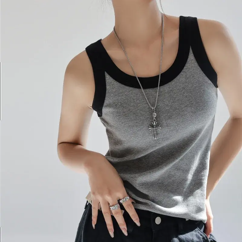 QknitScrew Thread Women's Summer Inner Color Blocking Tank Top Strapless Black Outer Wear Sleeveless Top For All Seasons
