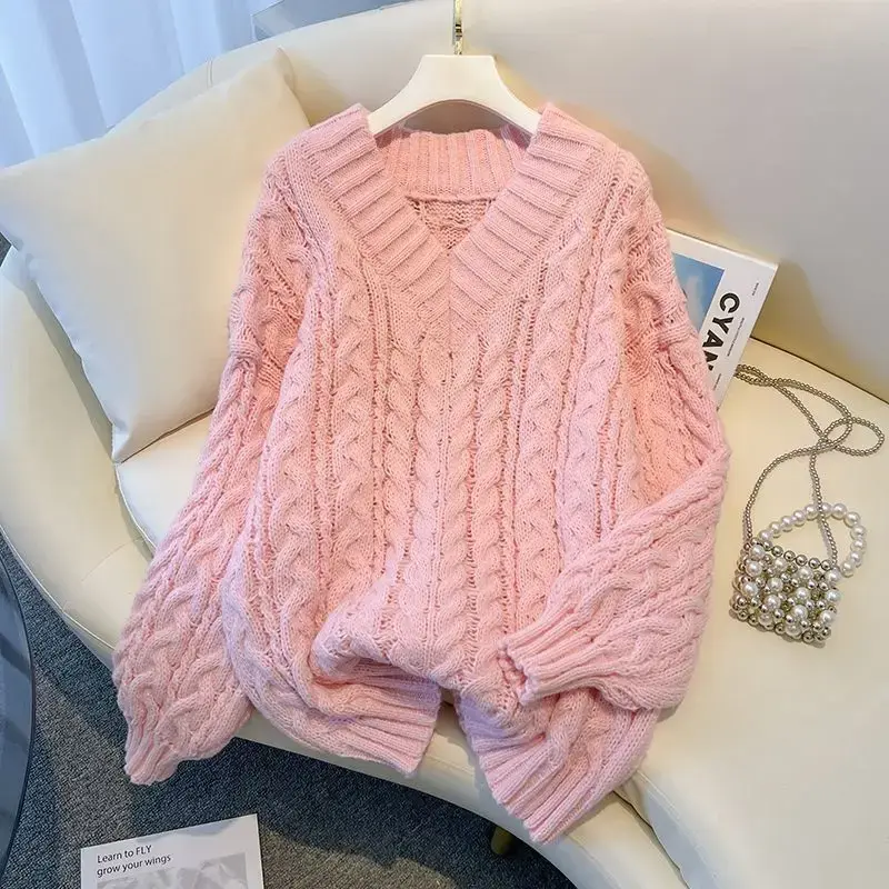 Thickened V-Neck Twisted Sweater Women's Autumn Winter Knitted Base Layer Top Lazy Style Design New Hot Sale Of The Season Fashi