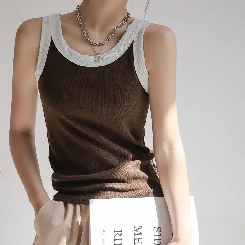 QknitScrew Thread Women's Summer Inner Color Blocking Tank Top Strapless Black Outer Wear Sleeveless Top For All Seasons