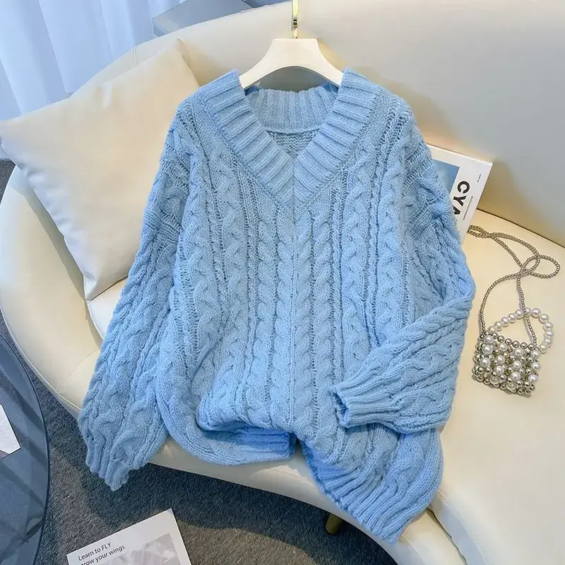 Thickened V-Neck Twisted Sweater Women's Autumn Winter Knitted Base Layer Top Lazy Style Design New Hot Sale Of The Season Fashi