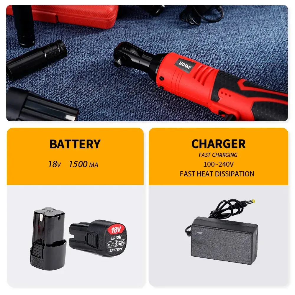Rechargeable 18V Electric Wrench 65Nm Torque Cordless Straight Gear Wrench For Car Repair 3/8 Inch Without Rope