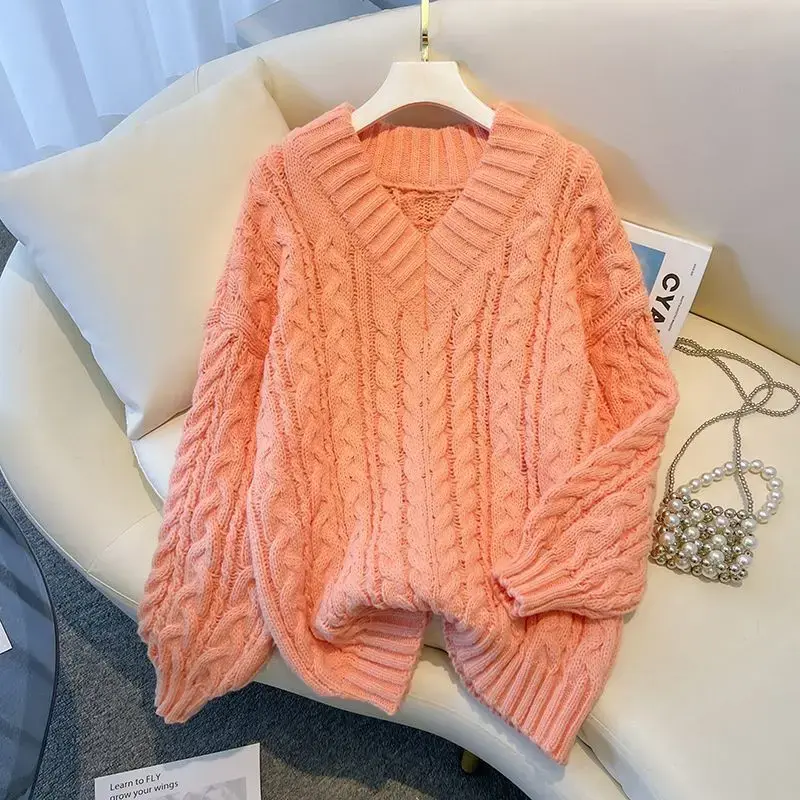 Thickened V-Neck Twisted Sweater Women's Autumn Winter Knitted Base Layer Top Lazy Style Design New Hot Sale Of The Season Fashi