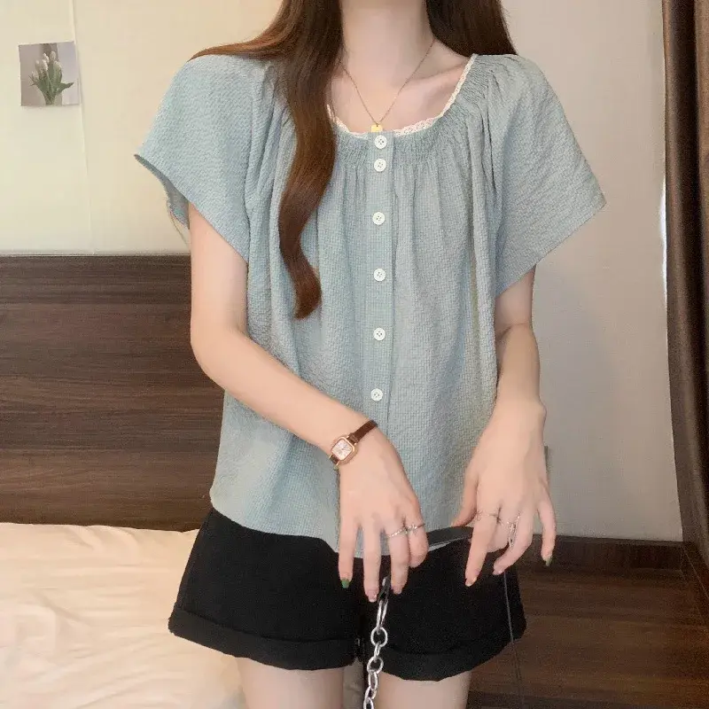 Plus Size French Style Short Sleeve Shirt Women's Design Sensibility Niche Summer Plus-Size Belly Covering Doll Shirt