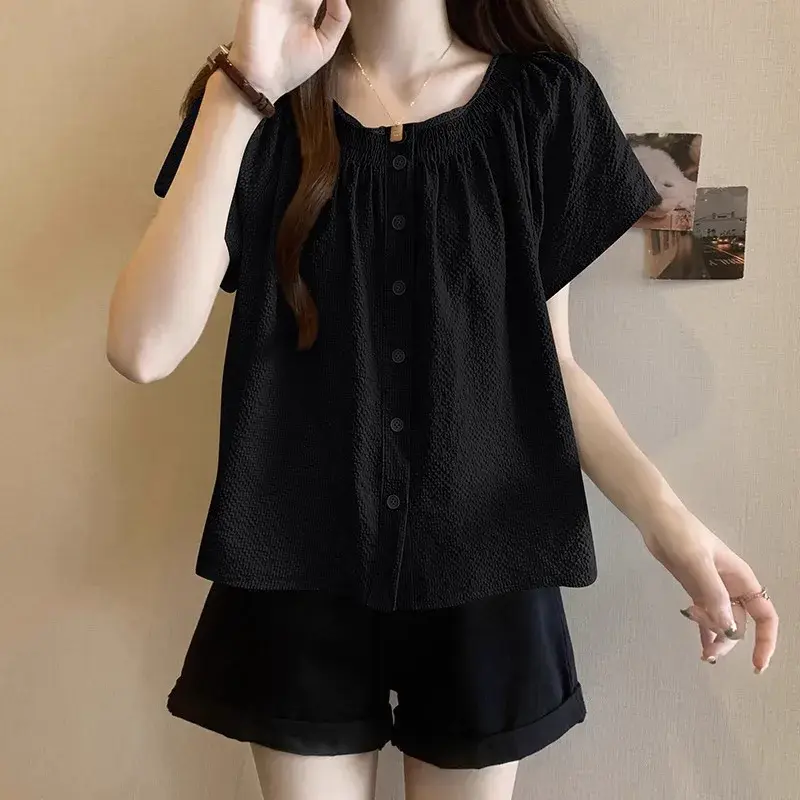 Plus Size French Style Short Sleeve Shirt Women's Design Sensibility Niche Summer Plus-Size Belly Covering Doll Shirt