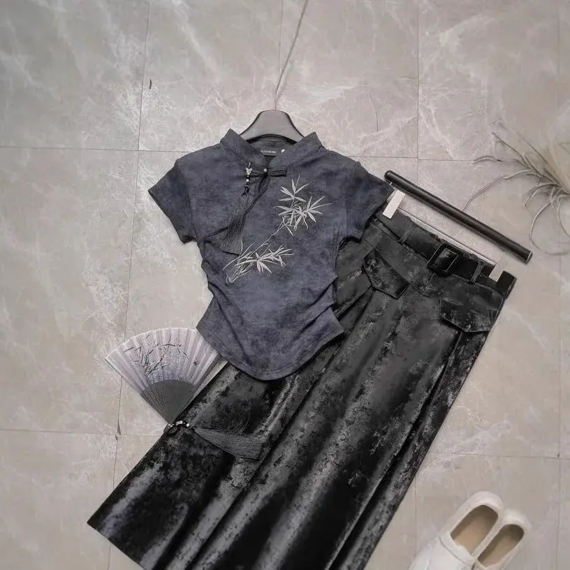 Summer 2025 Women's Slim Fit Embroidered Bamboo Leaf Top Stand Collar Short Sleeve Fashionable Chinese Style T-Shirt