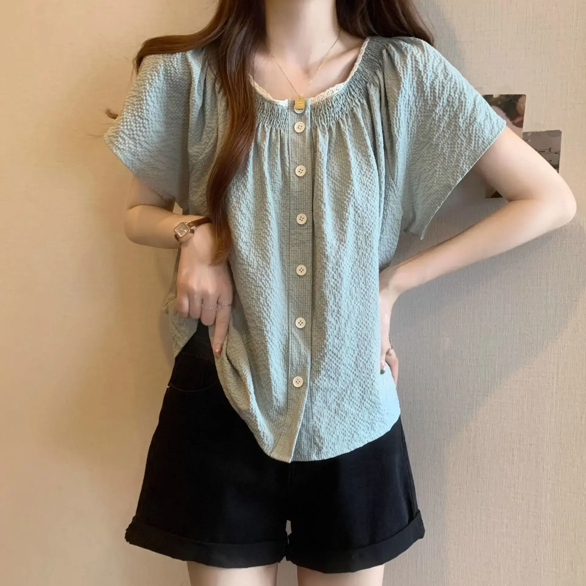 Plus Size French Style Short Sleeve Shirt Women's Design Sensibility Niche Summer Plus-Size Belly Covering Doll Shirt