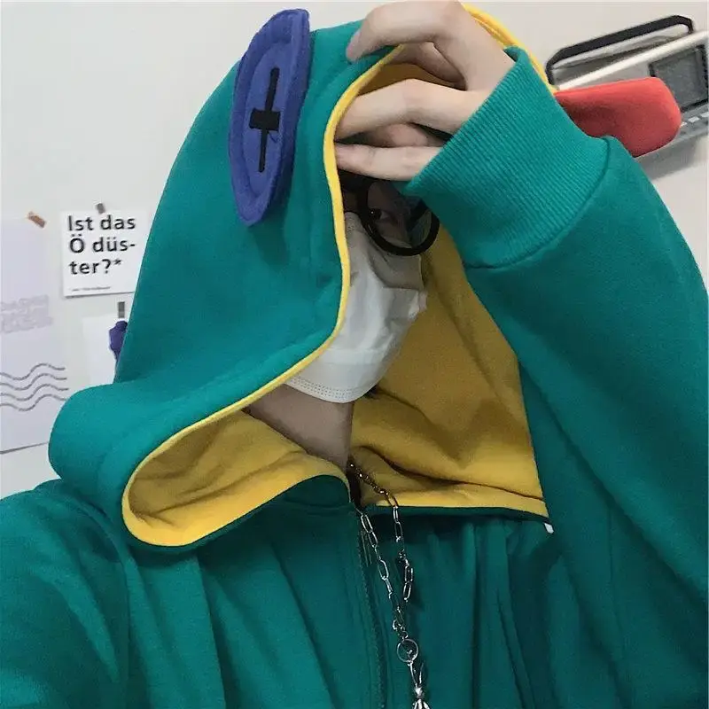 Korean Style Frog Plus Size Sweatshirt Men's Hooded Streetwear Hooded Wilderness Rage Half Zipper Fleece Lined Pullover Loose Fi