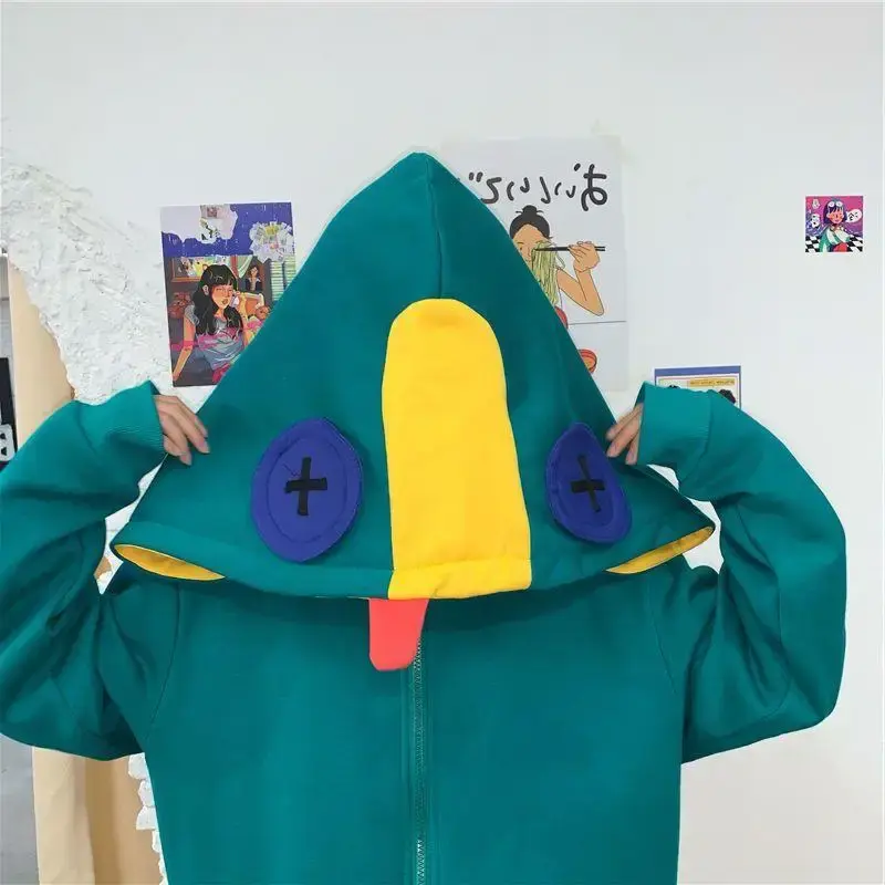 Korean Style Frog Plus Size Sweatshirt Men's Hooded Streetwear Hooded Wilderness Rage Half Zipper Fleece Lined Pullover Loose Fi