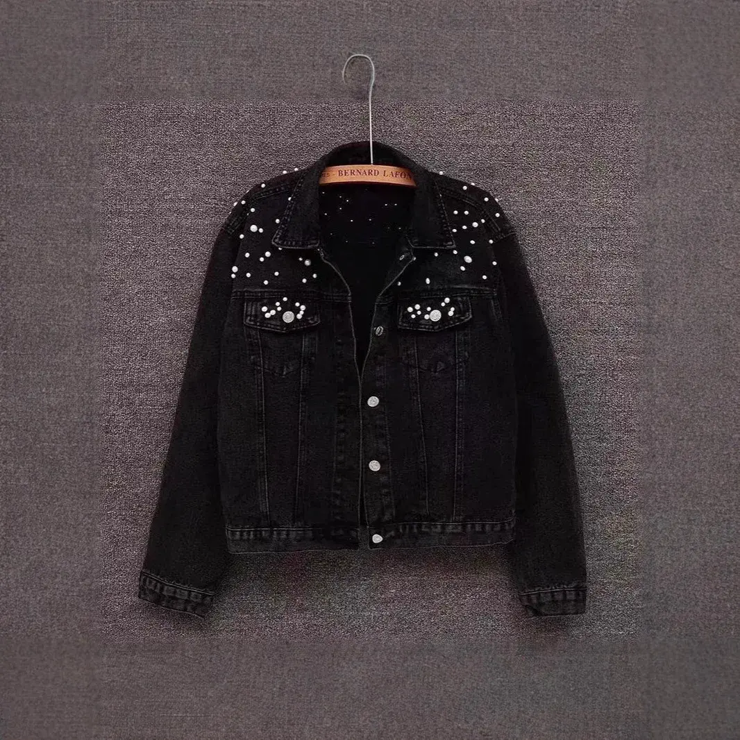 Fashionable Cropped Denim Jacket With Embroidery For Women Plus Size Pearl Jacket From Amazon Cross Border Southeast Asia Heavy 