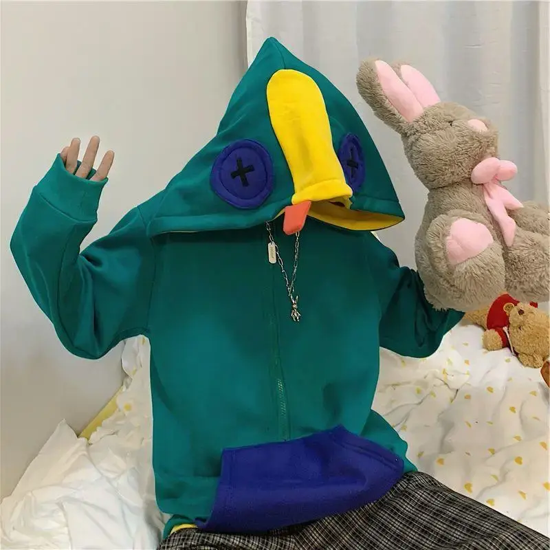 Korean Style Frog Plus Size Sweatshirt Men's Hooded Streetwear Hooded Wilderness Rage Half Zipper Fleece Lined Pullover Loose Fi