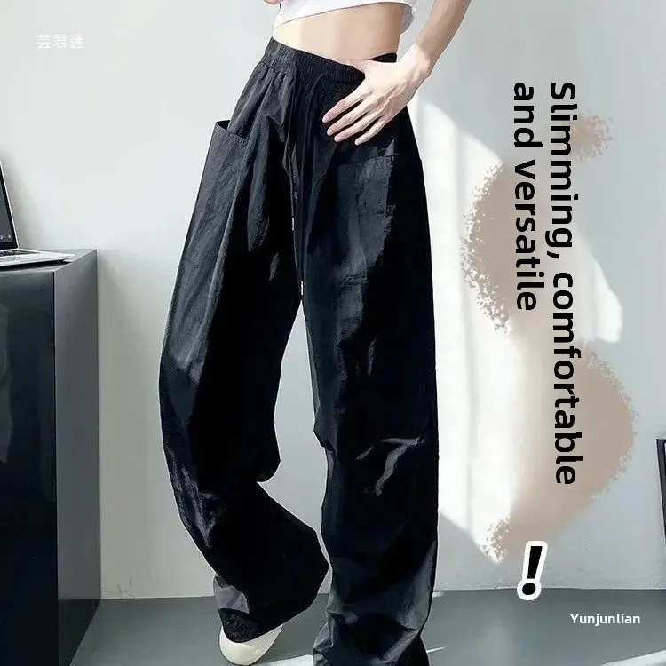 American Retro Summer Thin White Paratrooper Pants High Waist Loose Drawstring Casual Workwear Trousers for Women