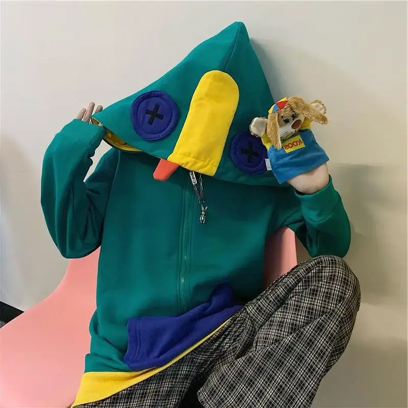 Korean Style Frog Plus Size Sweatshirt Men's Hooded Streetwear Hooded Wilderness Rage Half Zipper Fleece Lined Pullover Loose Fi