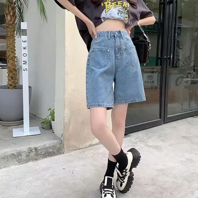 Trendy Sweet Cool Summer New High-Waisted Slimming Design Denim Shorts Women's Loose-Fit Mid-Length Trousers Cotton Material