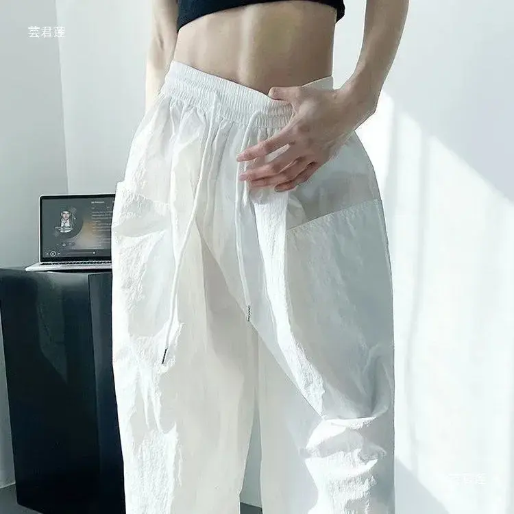 American Retro Summer Thin White Paratrooper Pants High Waist Loose Drawstring Casual Workwear Trousers for Women