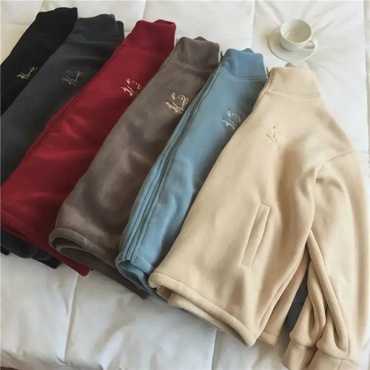 Thickened Warm Women's Sweatshirt Embroidery High Collar Zip-up Cardigan Jacket Fleece Lined Coat