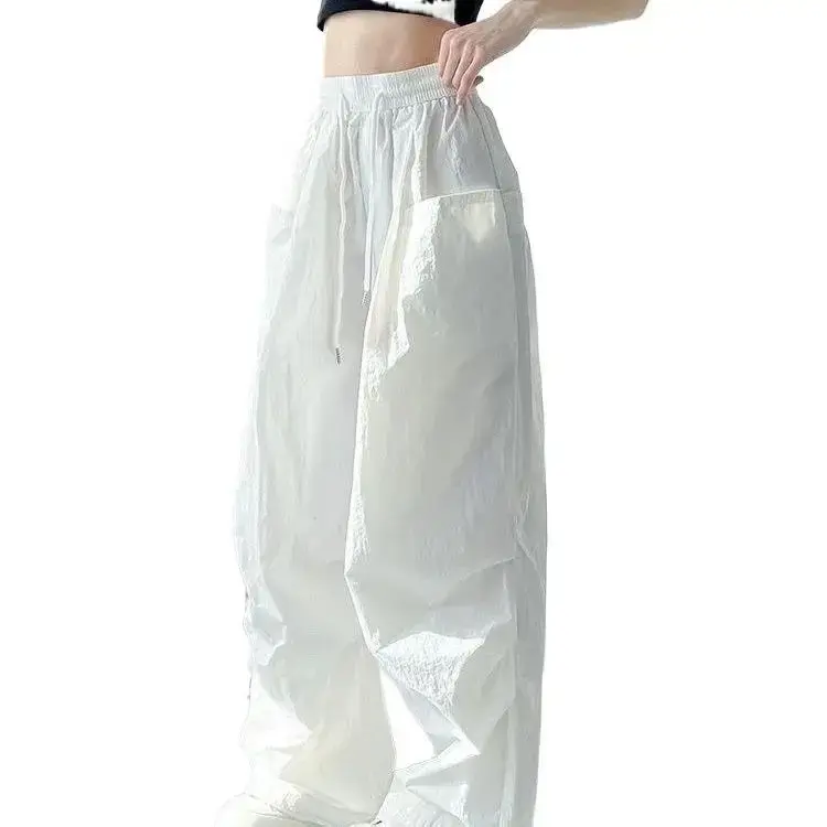 American Retro Summer Thin White Paratrooper Pants High Waist Loose Drawstring Casual Workwear Trousers for Women