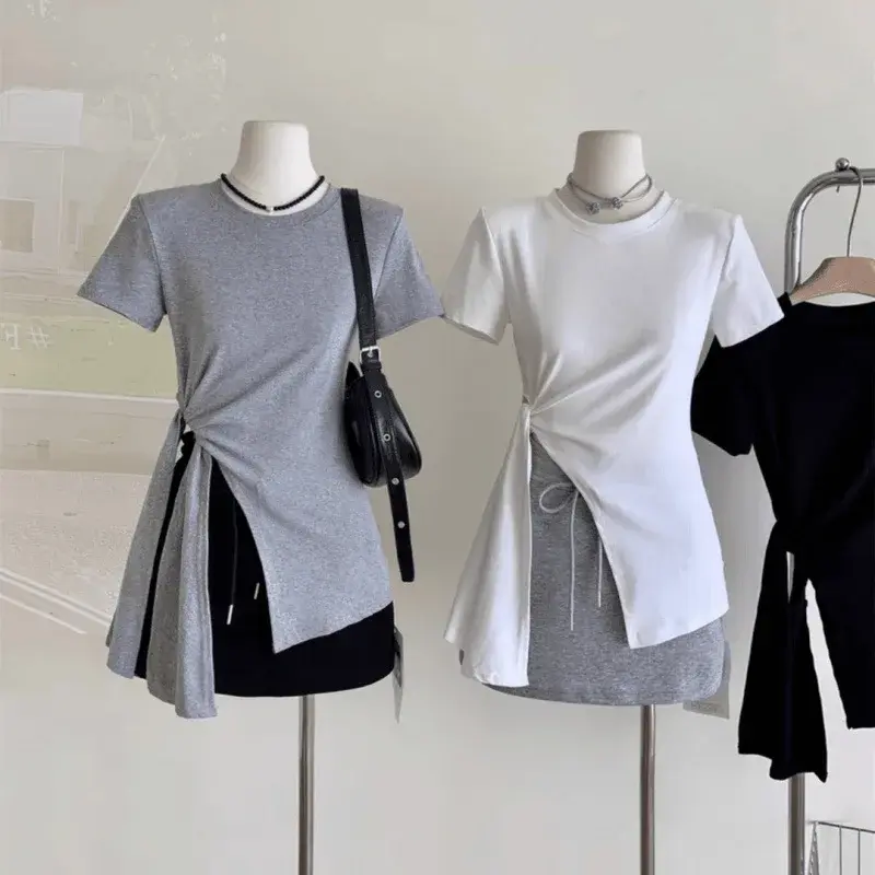 Korean Style Women's Short Sleeve T-Shirt with Waist Cinching Design Summer New Fashion Asymmetrical Slit Slimming Top