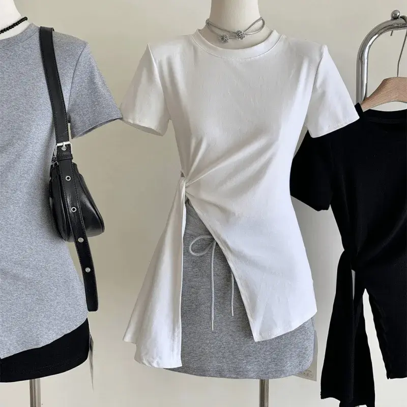 Korean Style Women's Short Sleeve T-Shirt with Waist Cinching Design Summer New Fashion Asymmetrical Slit Slimming Top