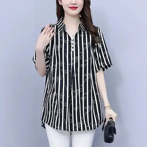 Summer Mom plus Size Striped Shirt Short Sleeve Casual Loose Fashionable Anti-Aging Slimming Top Meat Covering V-neck T-shirt