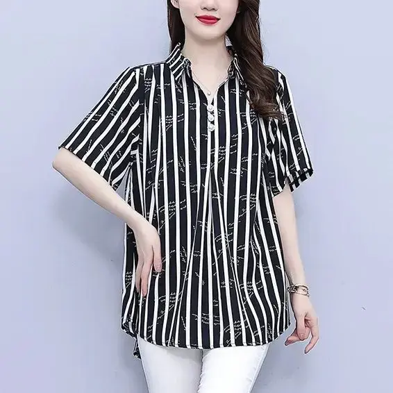 Summer Mom plus Size Striped Shirt Short Sleeve Casual Loose Fashionable Anti-Aging Slimming Top Meat Covering V-neck T-shirt