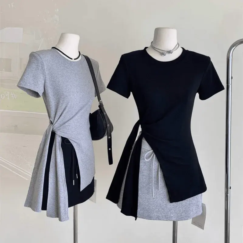 Korean Style Women's Short Sleeve T-Shirt with Waist Cinching Design Summer New Fashion Asymmetrical Slit Slimming Top