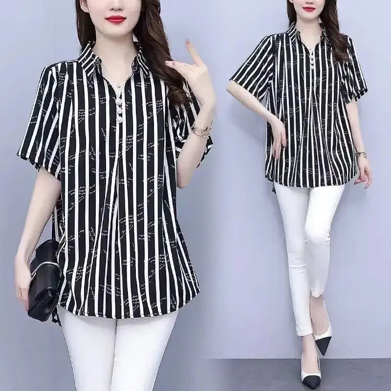 Summer Mom plus Size Striped Shirt Short Sleeve Casual Loose Fashionable Anti-Aging Slimming Top Meat Covering V-neck T-shirt