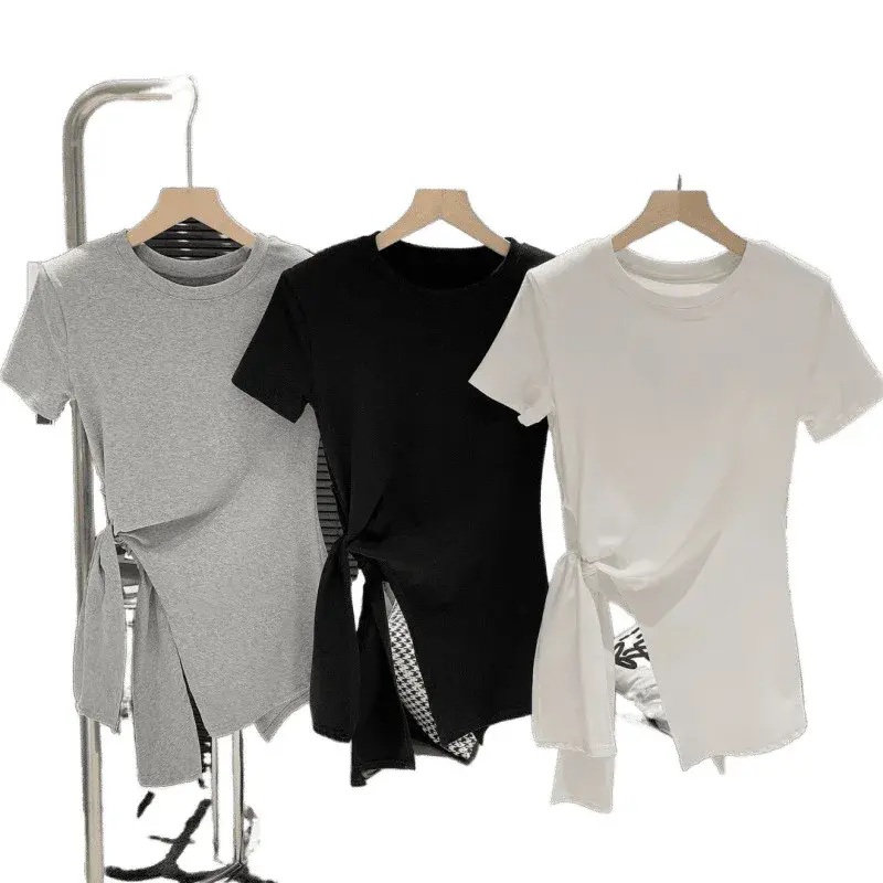 Korean Style Women's Short Sleeve T-Shirt with Waist Cinching Design Summer New Fashion Asymmetrical Slit Slimming Top